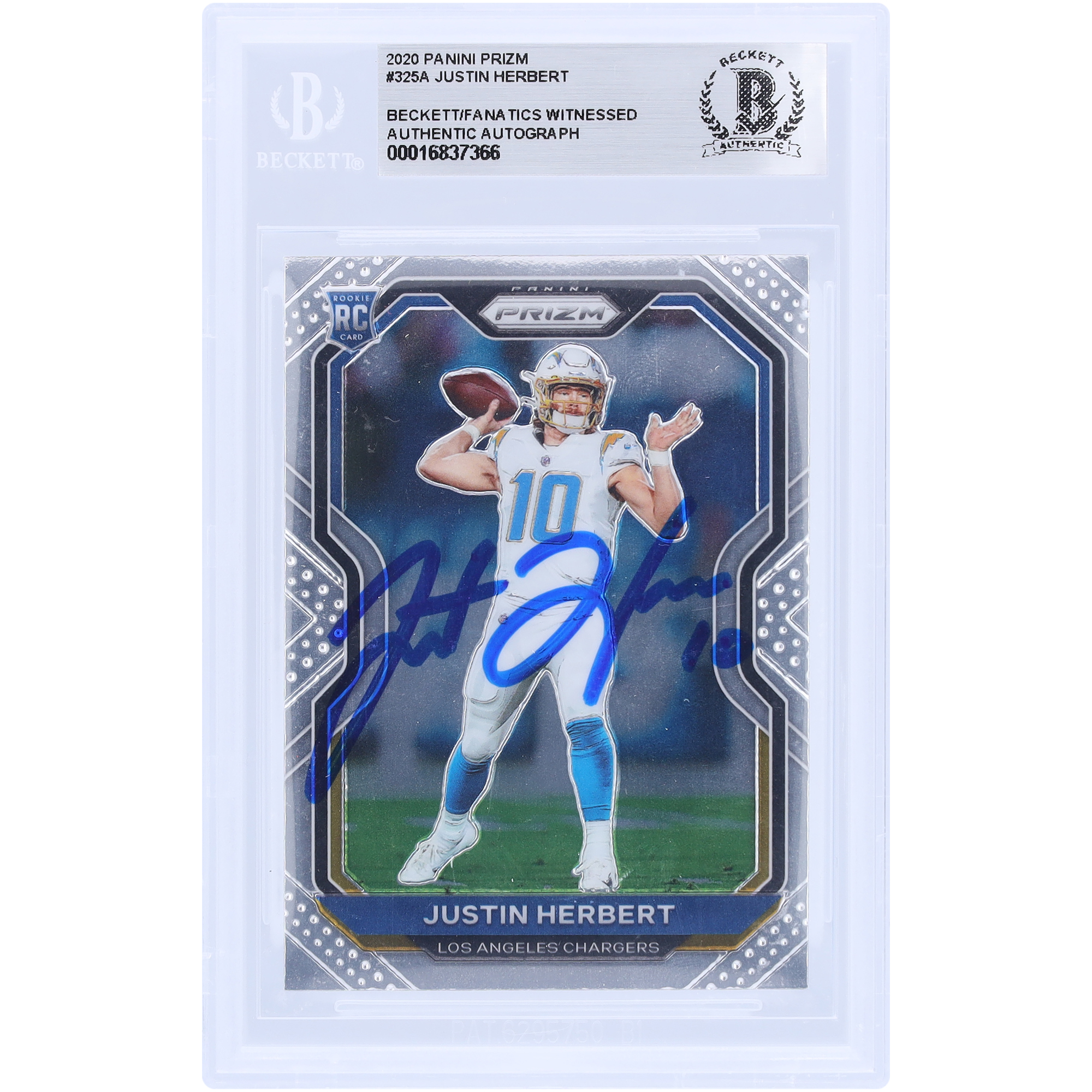 Justin Herbert, Los Angeles Chargers, signierte 2020 Panini Prizm #325 Beckett Fanatics, bezeugte authentifizierte Rookie-Karte