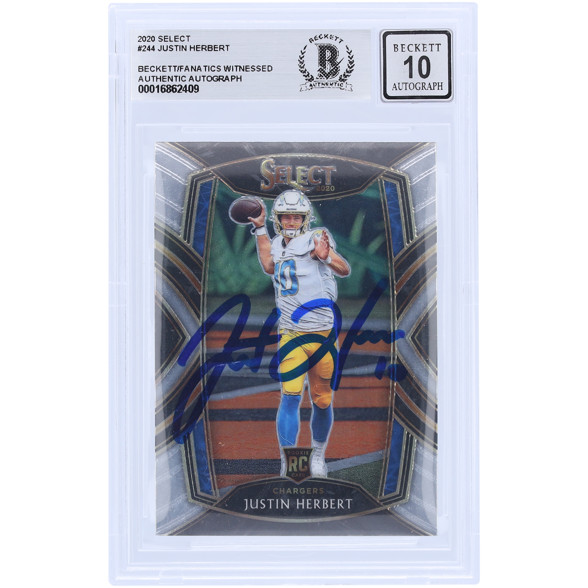 Justin Herbert, Los Angeles Chargers, signierte 2020 Panini Select #244 Beckett Fanatics, bezeugte authentifizierte 10 Rookie-Karte