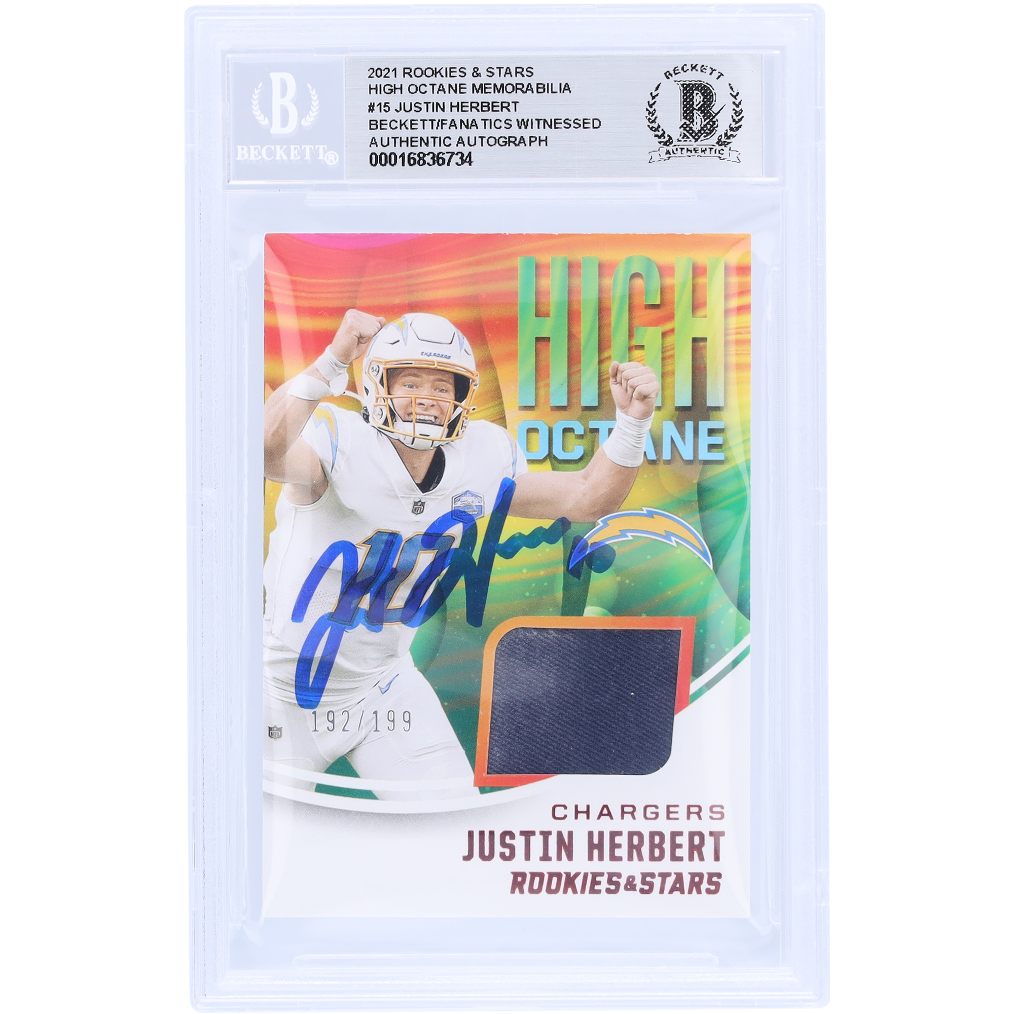 Justin Herbert, Los Angeles Chargers, signierte 2020 Panini Rookies & Stars High Octane Relic #HM-15 #192/199, von Beckett Fanatics bezeugte authentifizierte Rookie-Karte