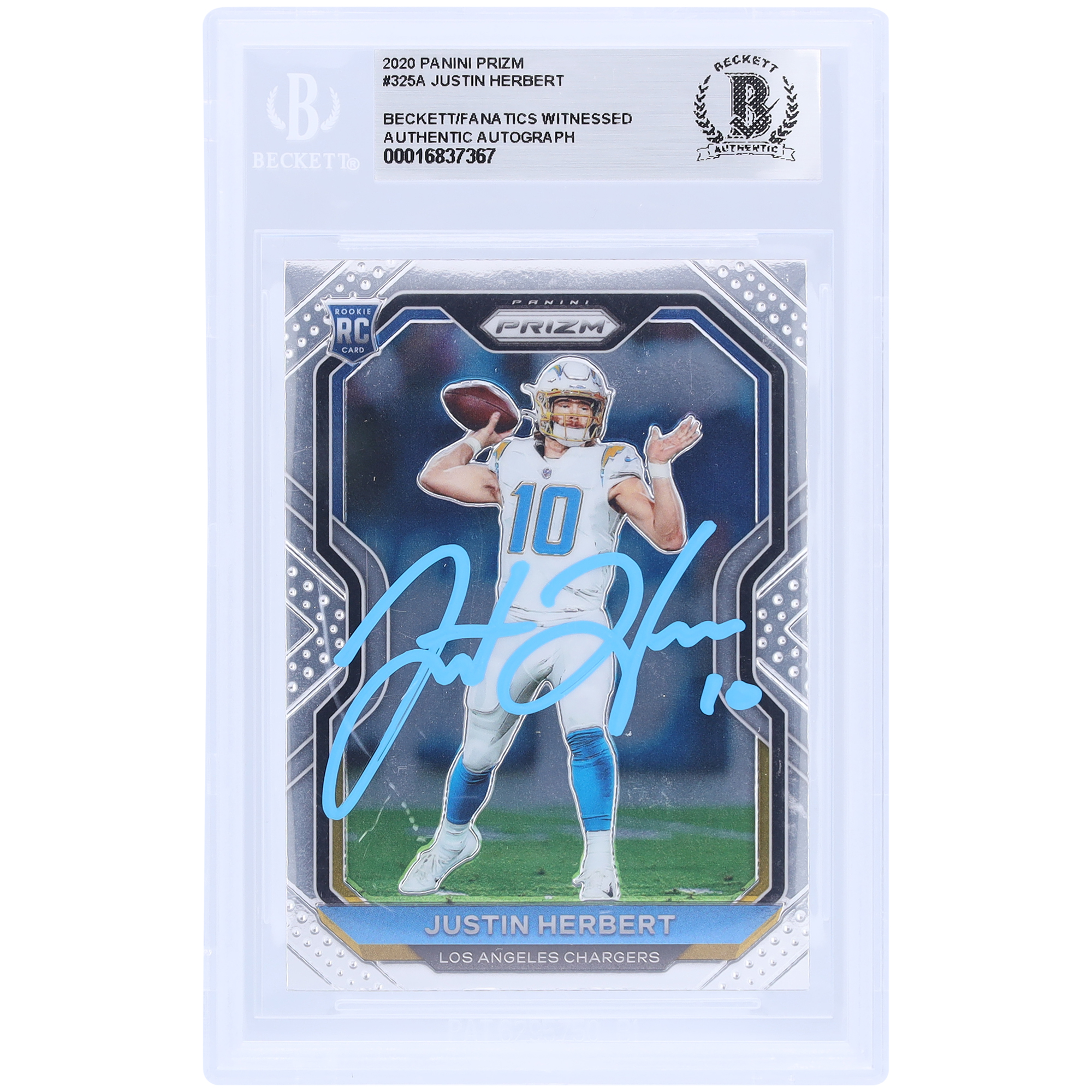 Justin Herbert, Los Angeles Chargers, signierte 2020 Panini Prizm Hellblaue Tinte #325 Beckett Fanatics, bezeugte authentifizierte Rookie-Karte