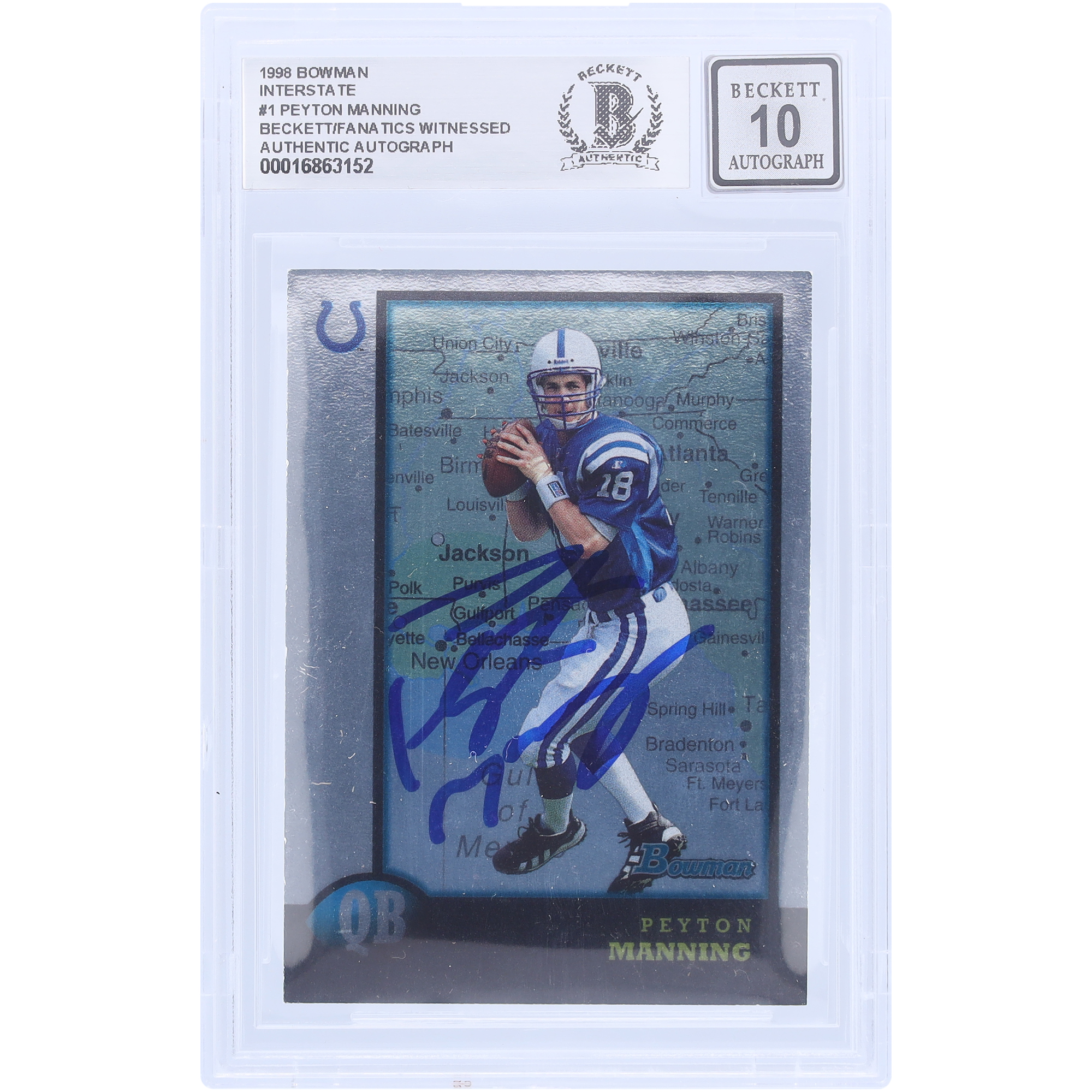 Peyton Manning Indianapolis Colts signiert 1998 Bowman Interstate #1 Beckett Fanatics bezeugt authentifiziert 10 Rookie-Karte