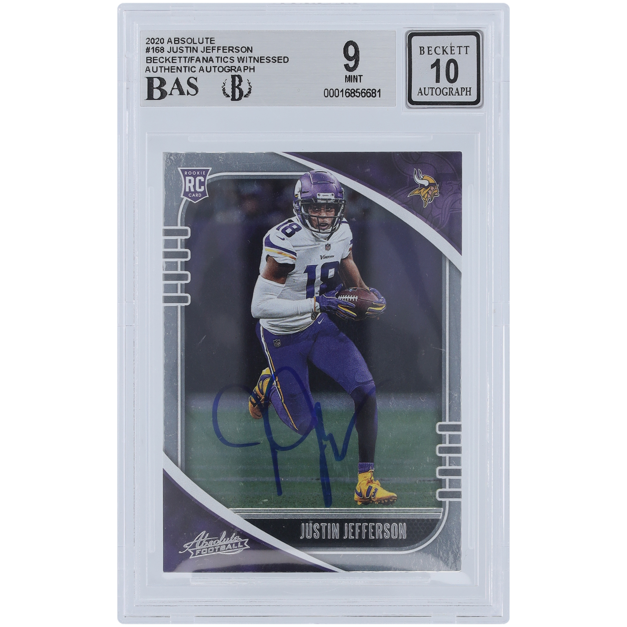 Justin Jefferson Minnesota Vikings signierte 2020 Panini Absolute #168 Beckett Fanatics bezeugte authentifizierte 9/10 Rookie-Karte