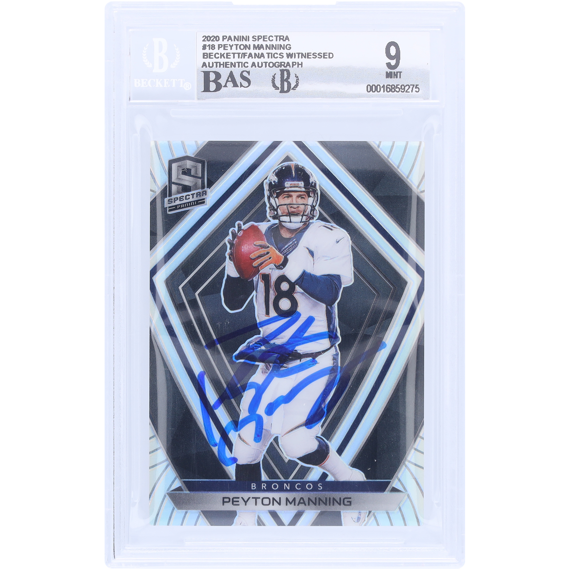 Peyton Manning Denver Broncos signiert 2020 Panini Spectra #18 #12/99 Beckett Fanatics bezeugt authentifiziert 10 Karte