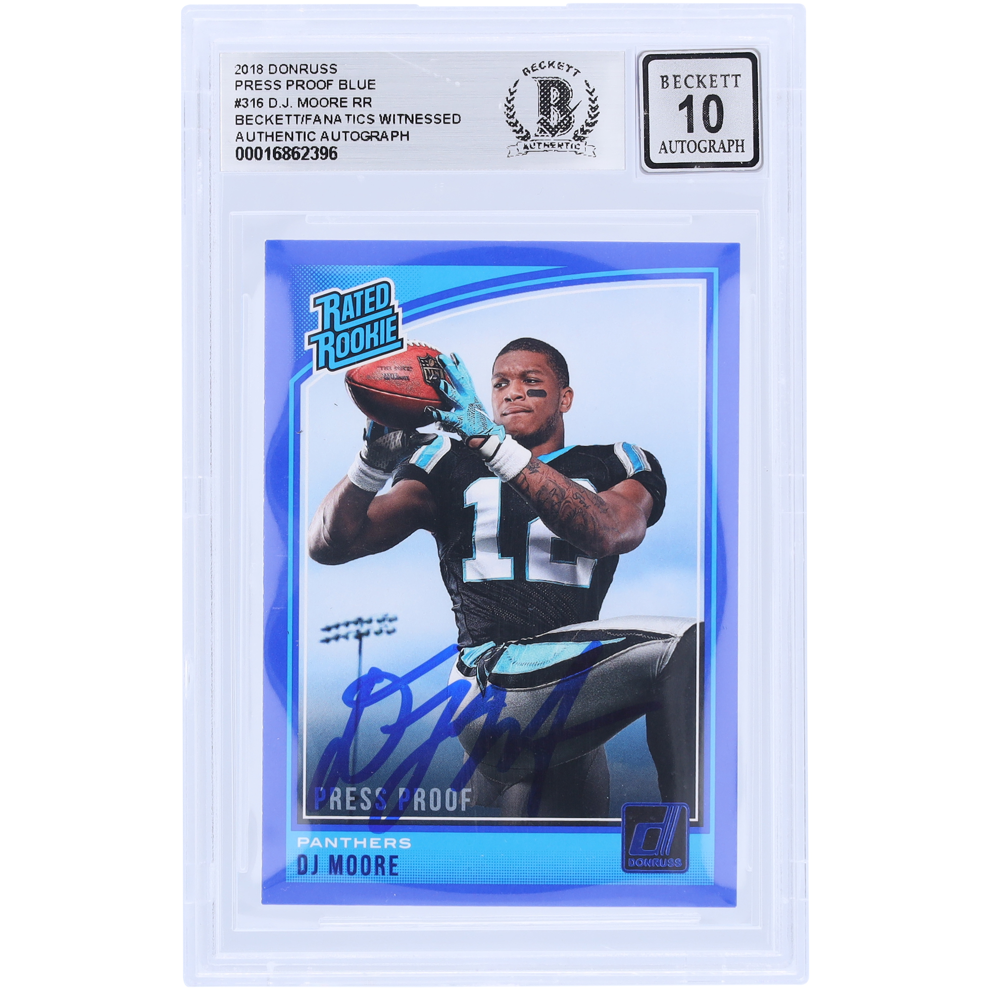 D.J. Moore Carolina Panthers signierte 2018 Panini Donruss Press Proof Blau #316 Beckett Fanatics bezeugte authentifizierte 10 Rookie-Karte