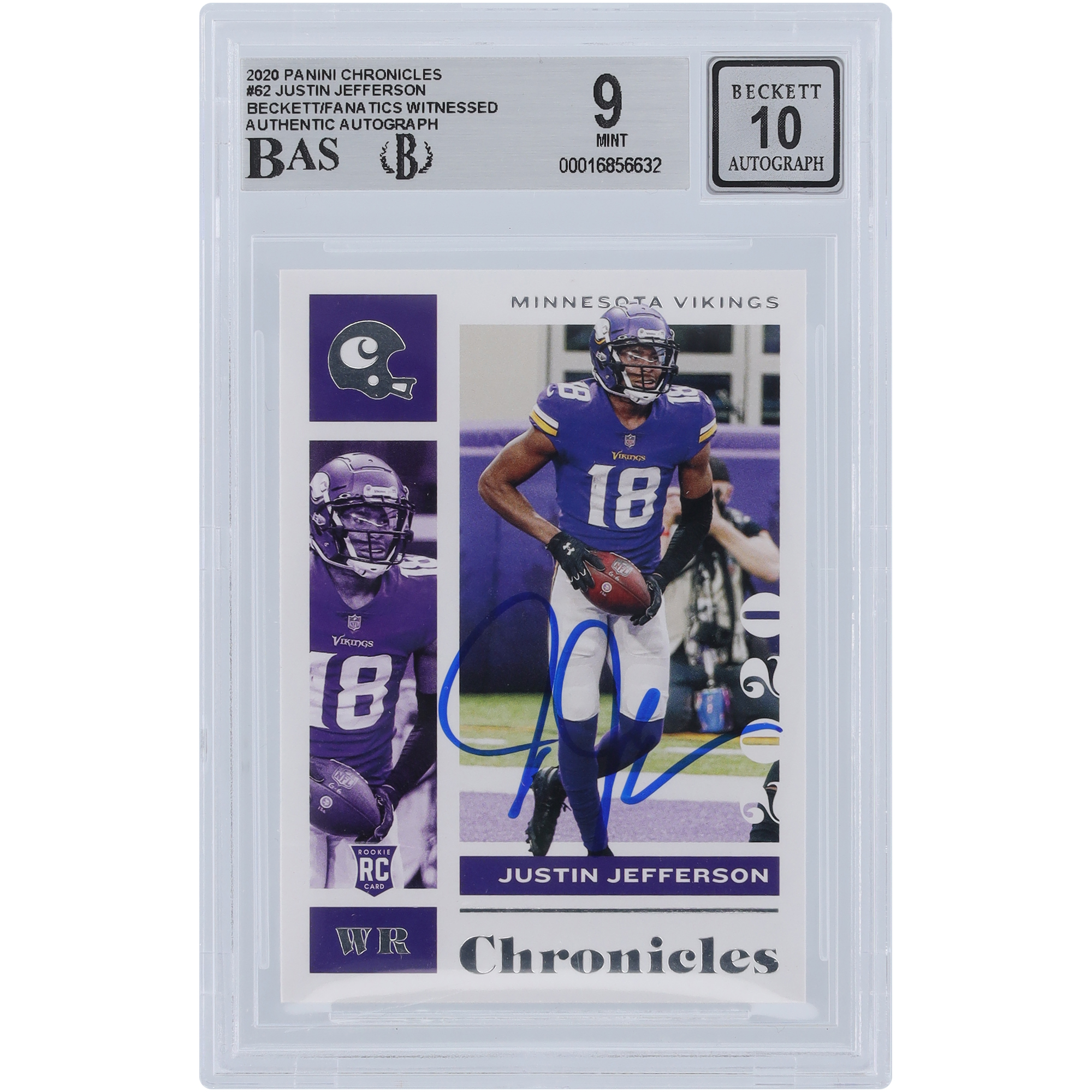 Justin Jefferson Minnesota Vikings signierte 2020 Panini Chronicles #62 Beckett Fanatics bezeugte authentifizierte 9/10 Rookie-Karte