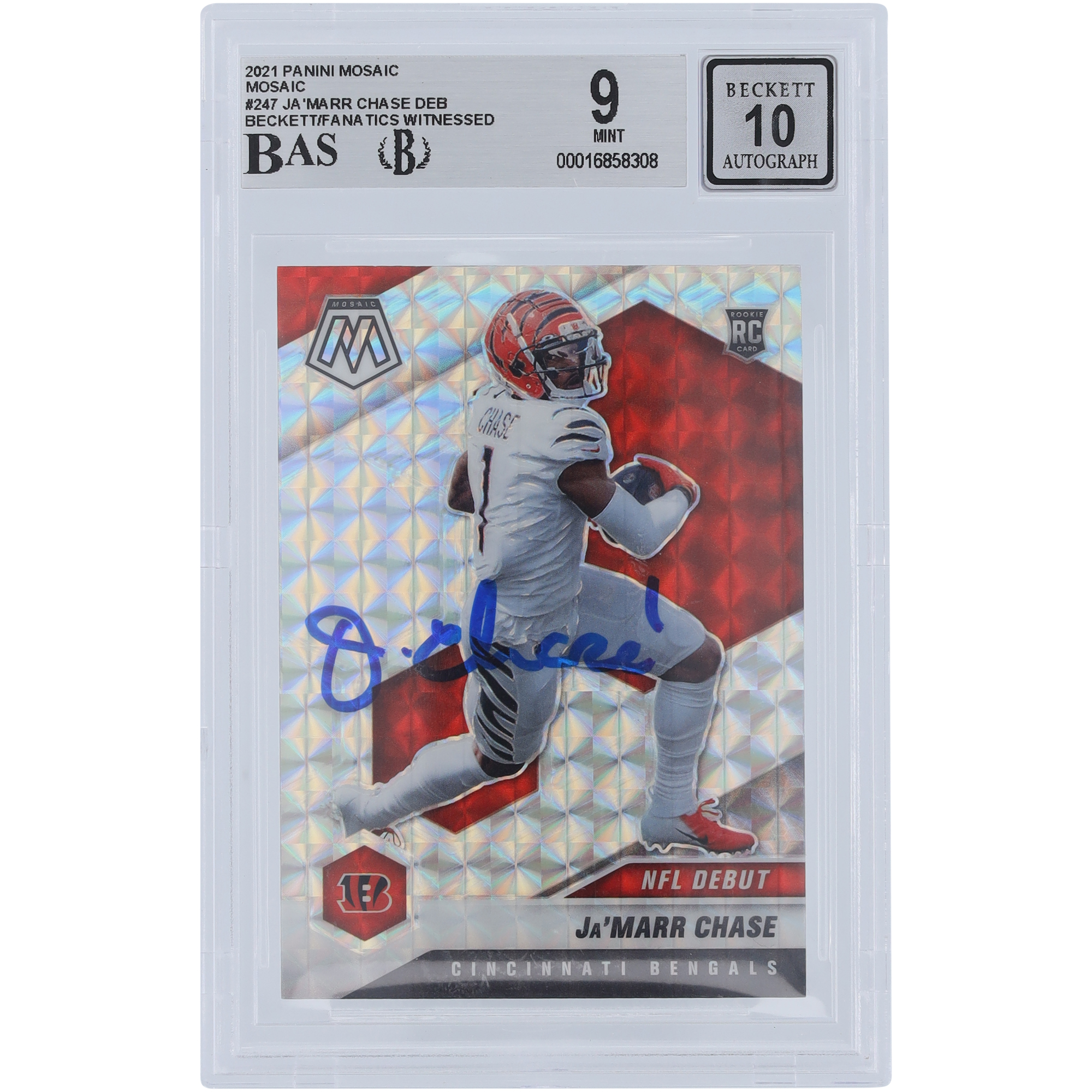 Ja’Marr Chase Cincinnati Bengals signierte 2021 Panini Mosaic Mosaic Prizm #247 Beckett Fanatics bezeugte authentifizierte 9/10 Rookie-Karte