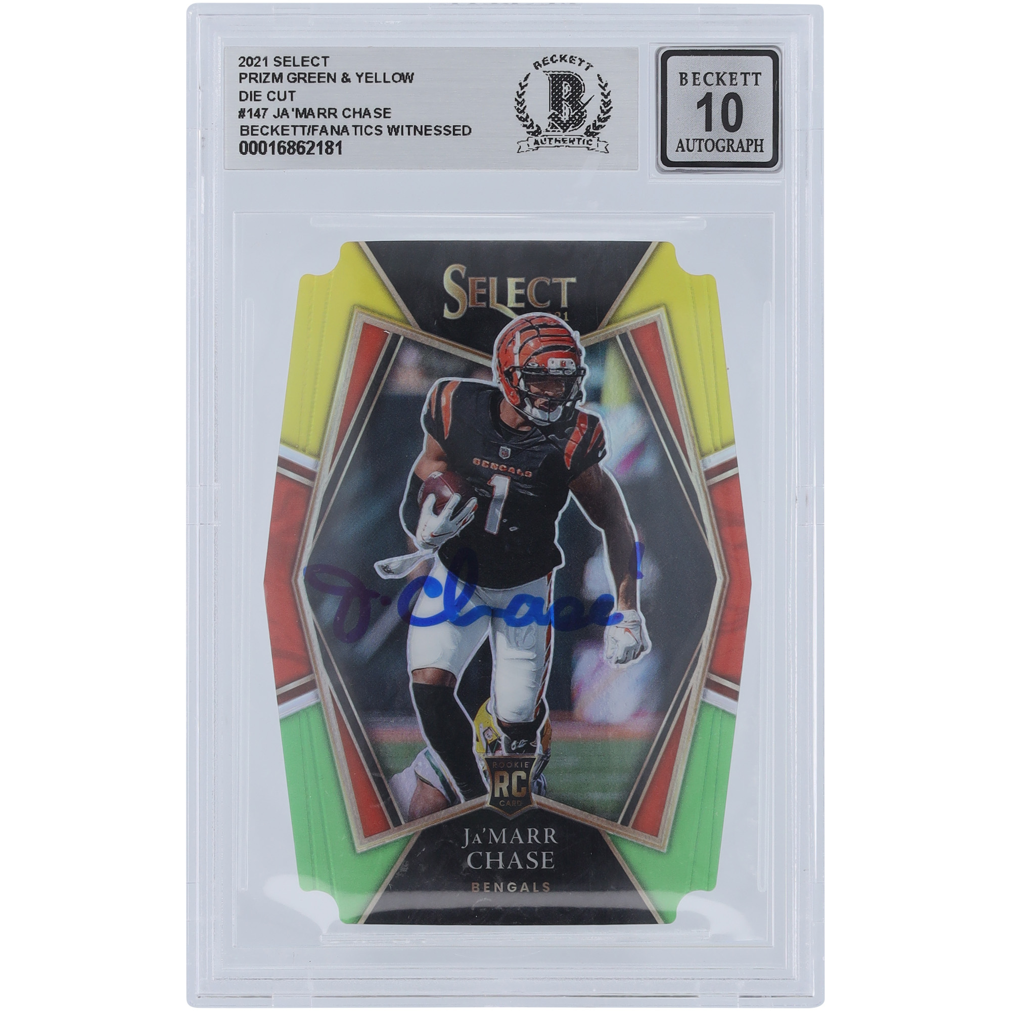 Ja’Marr Chase Cincinnati Bengals signierte 2021 Panini Select Grün & Gelb #147 Beckett Fanatics bezeugte authentifizierte 10 Rookie-Karte