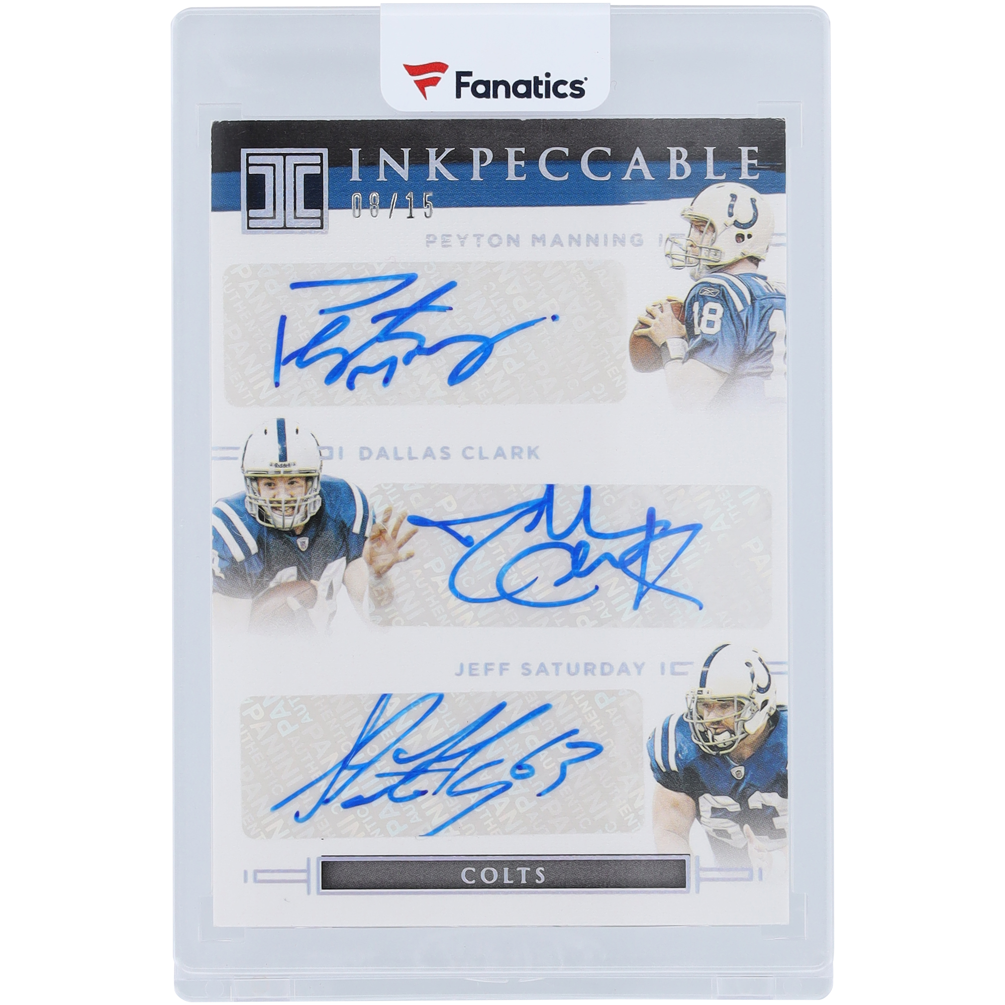 Peyton Manning, Dallas Clark und Jeff Saturday Indianapolis Colts signierte 2021 Panini Impeccable Triple Sig #IT-IC #8/15 Karte