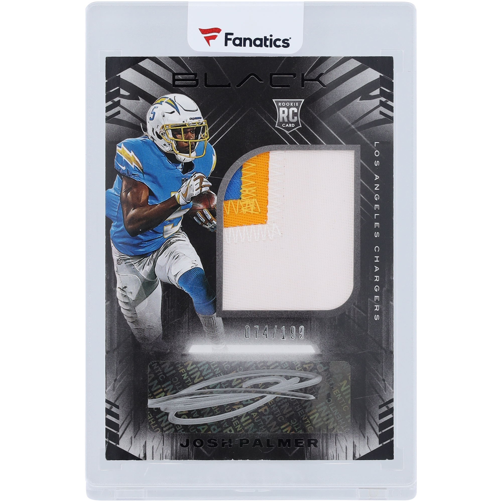 Josh Palmer, Los Angeles Chargers, signierte 2021 Panini Black Tri-Color Relic #227 #74/199 Rookie-Karte