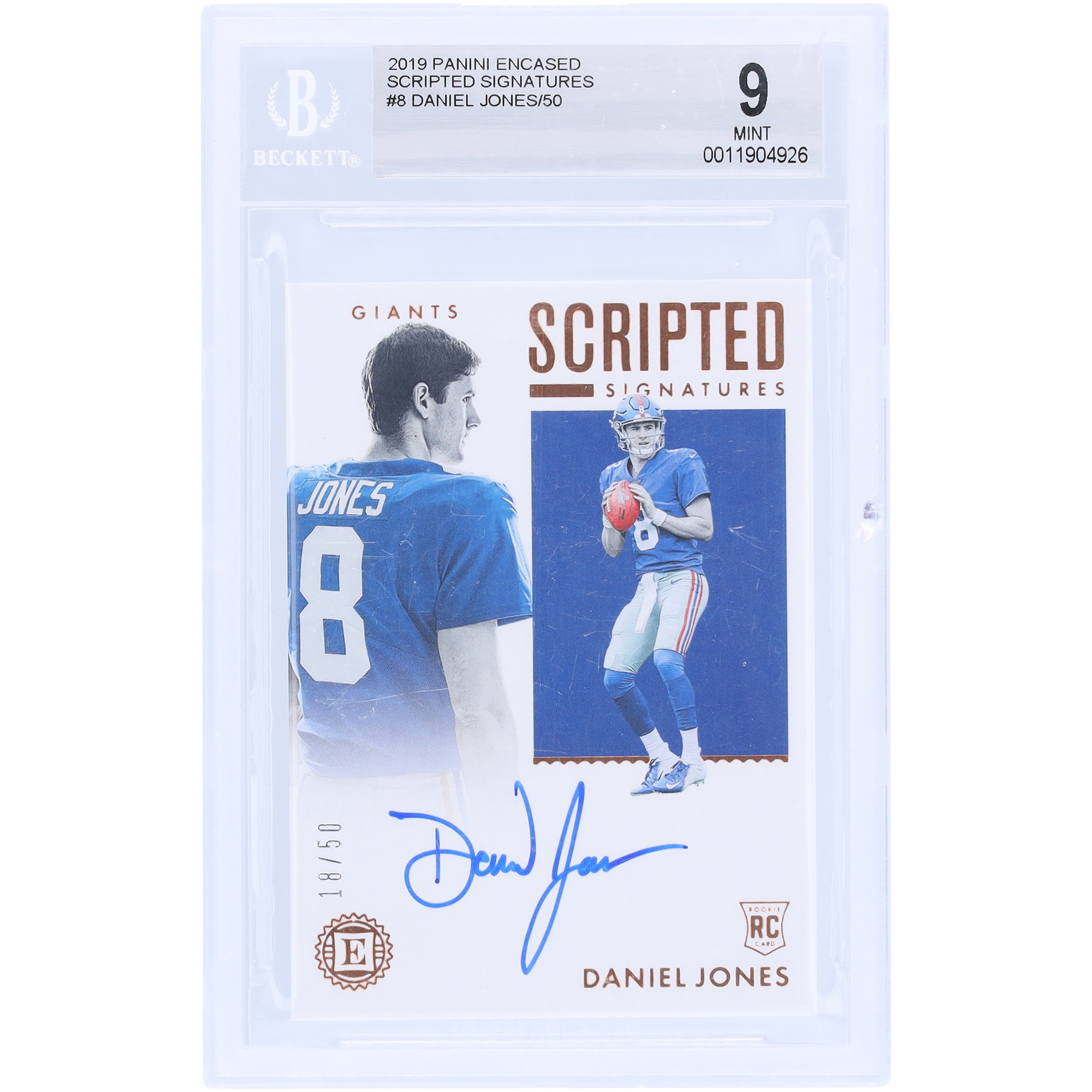 Daniel Jones New York Giants signierte 2019 Panini Encased #SCS-DJO #18/50 BGS authentifizierte 9/10 Rookie-Karte