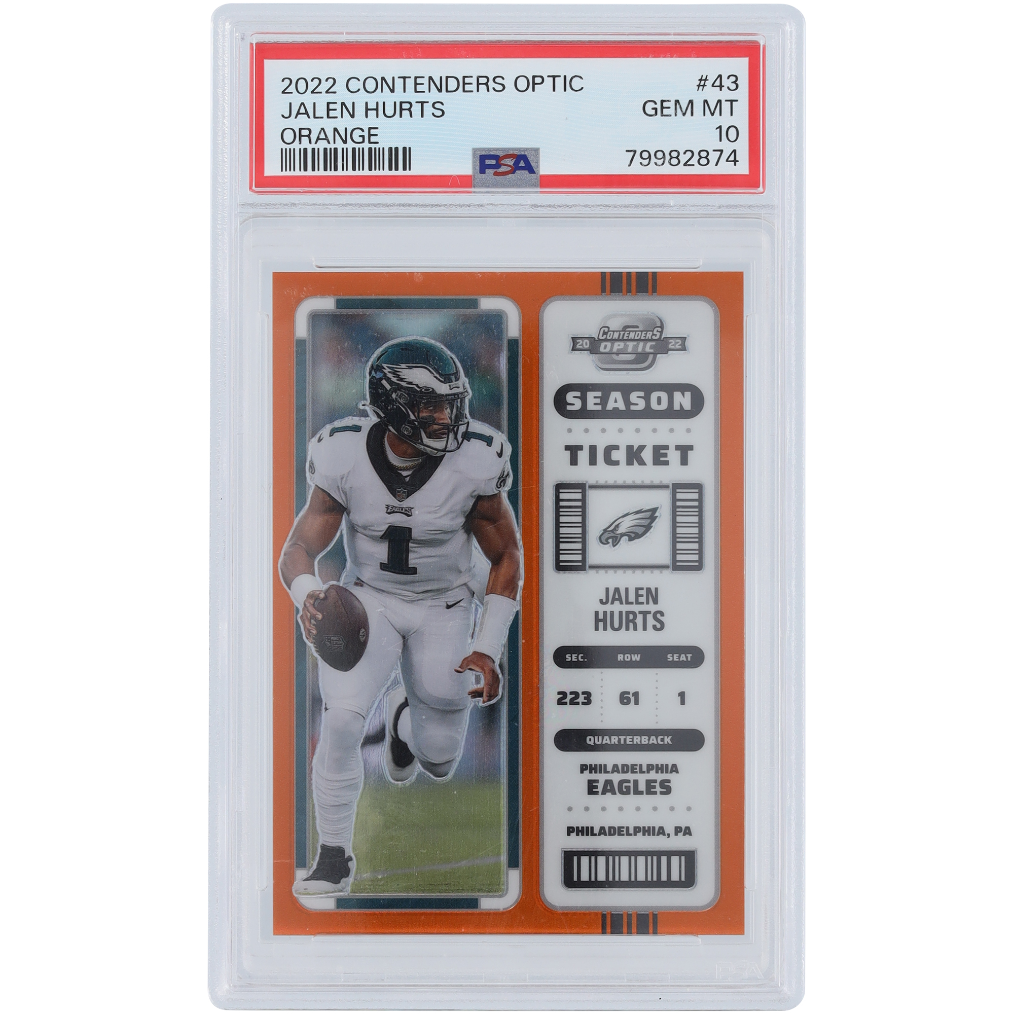 Jalen Hurts Philadelphia Eagles 2022 Panini Contenders Optic Orange Prizm #43 #44/50 PSA authentifizierte 10er-Karte