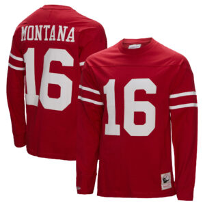 Langärmliges Oberteil für Herren von Mitchell & Ness Joe Montana Scarlet San Francisco 49ers Throwback mit Name und Nummer eines pensionierten Spielers