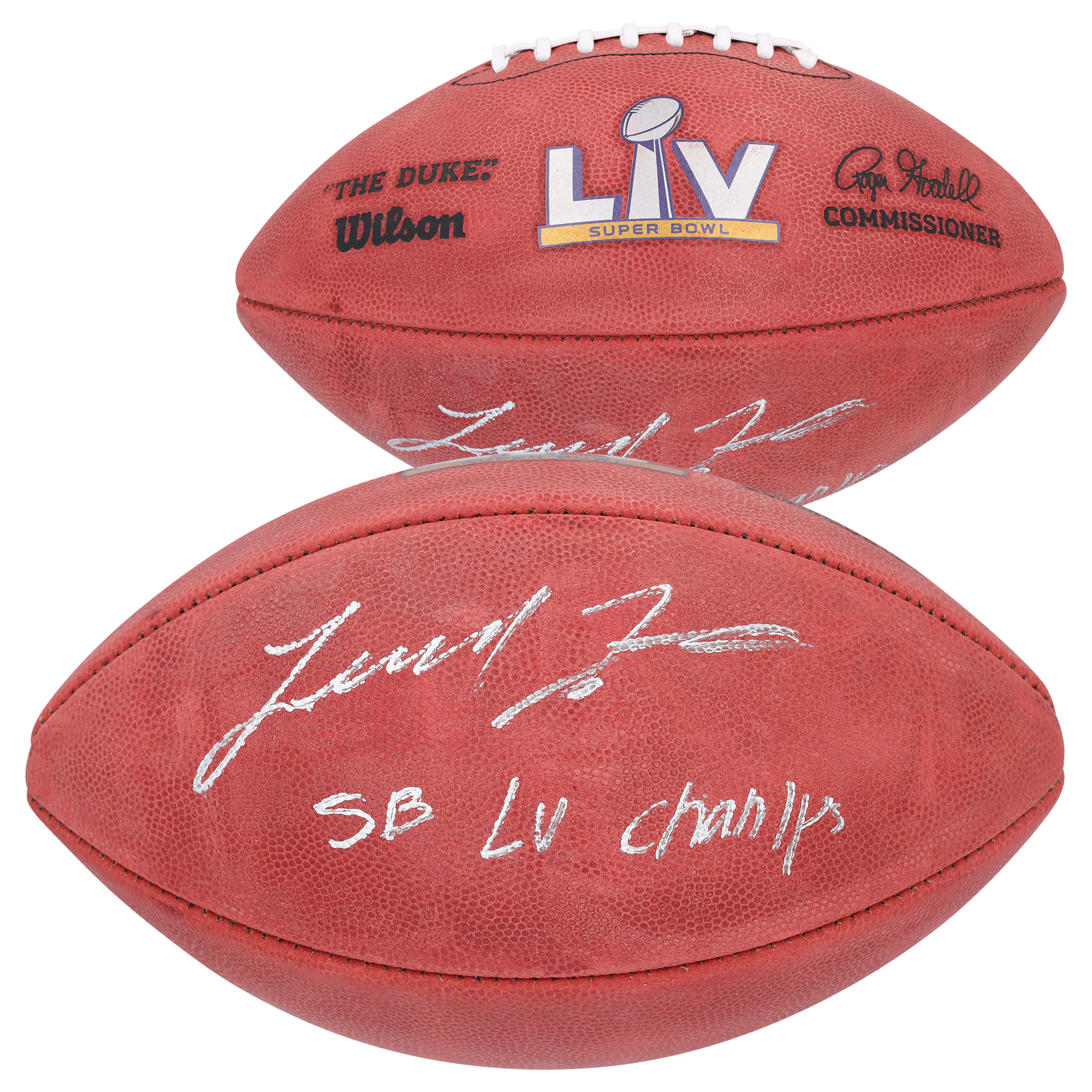 Signierter Super Bowl LV Champions Super Bowl LV Duke Football von Leonard Fournette, Tampa Bay Buccaneers, mit der Aufschrift „LV CHAMPS“