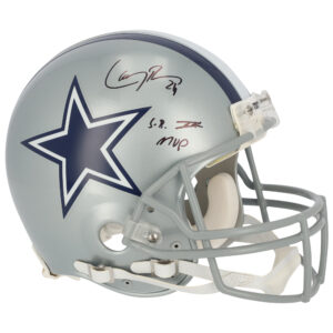 Von Larry Brown signierter Riddell VSR4-Helm der Dallas Cowboys mit der Aufschrift „SB XXX MVP“