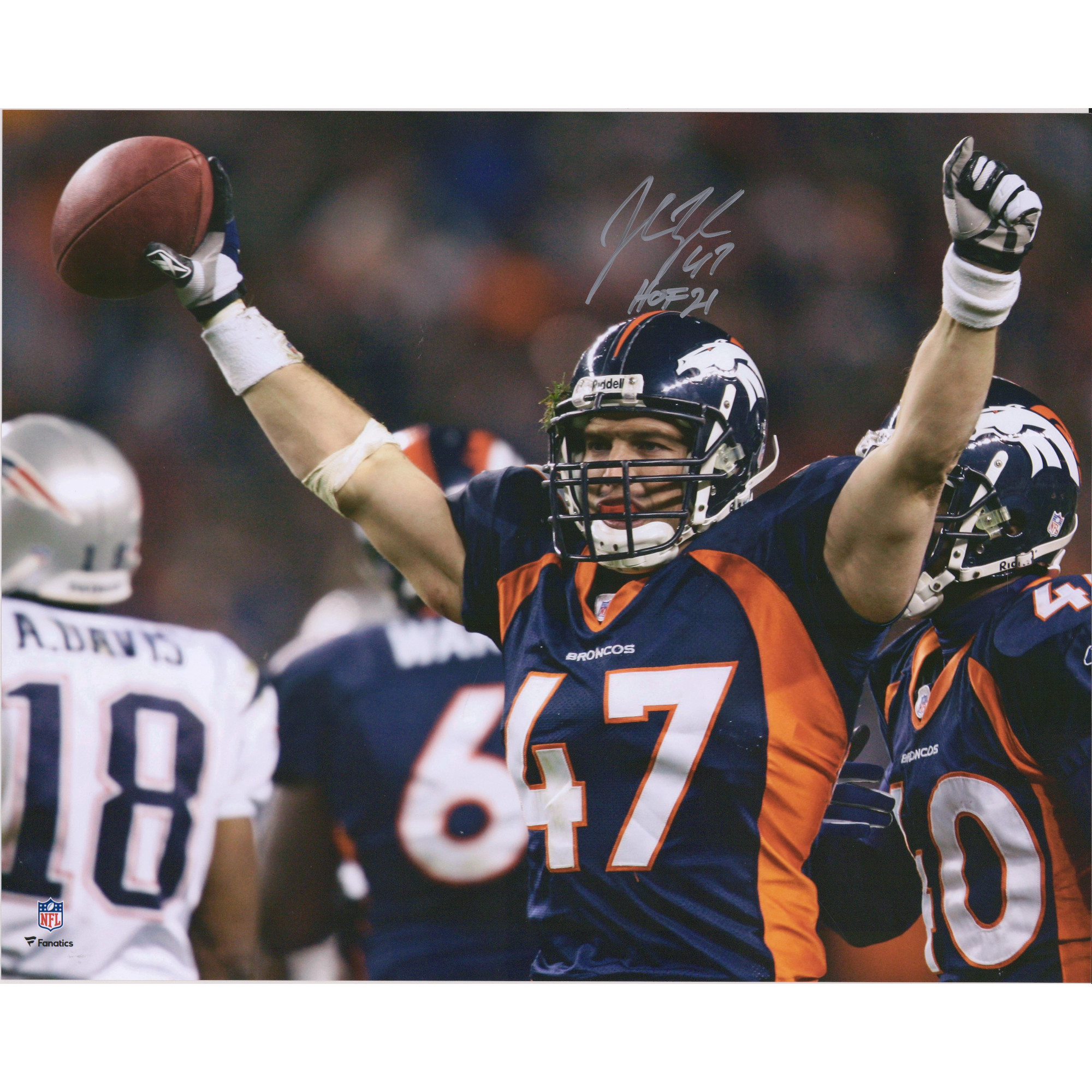 John Lynch, Denver Broncos, signiertes 16″ x 20″ großes Foto mit erhobenen Armen und der Aufschrift „HOF 21“