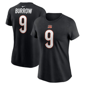 Nike Joe Burrow Damen-T-Shirt mit Spielernamen und -nummer der Cincinnati Bengals in Schwarz