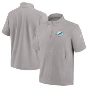 Graue Nike Miami Dolphins Sideline Coach-Kurzarm-Hoodiejacke mit Viertelreißverschluss für Herren