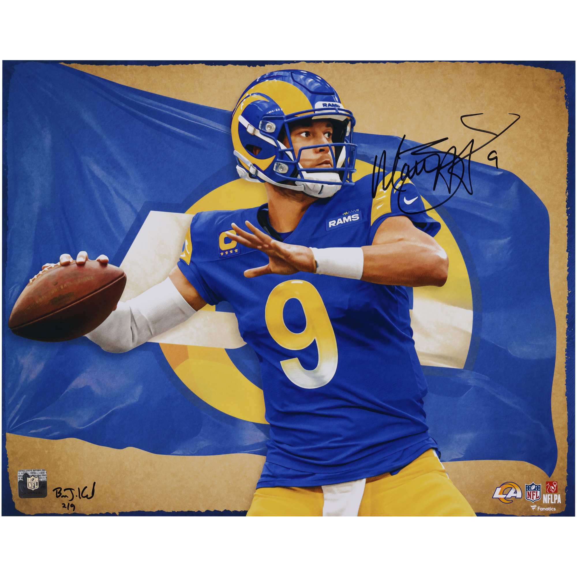 Autogrammfotodruck von Matthew Stafford, Los Angeles Rams, 40,6 x 50,8 cm, entworfen und signiert vom Künstler Brian Konnick, limitierte Auflage von 9 Stück