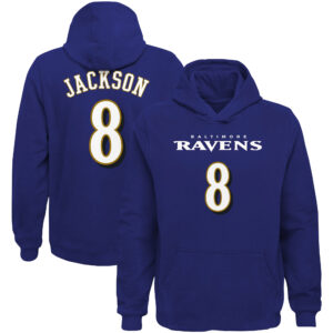 Lamar Jackson, lila Baltimore Ravens Mainliner, Spielername und -nummer, Pullover Hoodie für Jugendliche