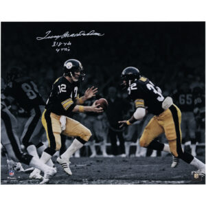 Von Terry Bradshaw signiertes Hand-Off-Foto der Pittsburgh Steelers, 16 x 20 Zoll, mit der Aufschrift „318 YDS, 4 TD‘s“