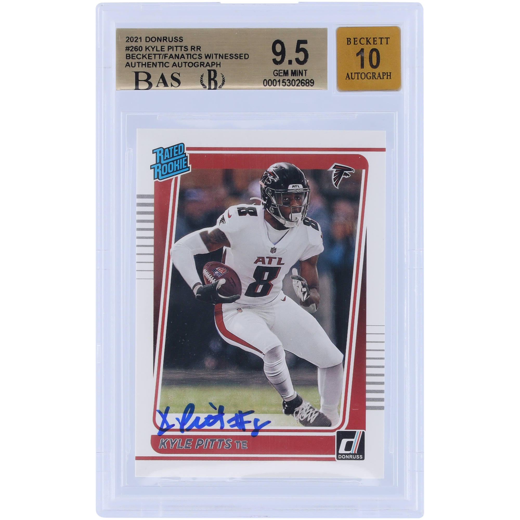 Kyle Pitts Atlanta Falcons signierte 2021 Panini Donruss bewertet Rookie #260 Beckett Fanatics bezeugt authentifizierte 9,5/10 Rookie-Karte – 10,9,9,5,9,5 Unterbewertungen