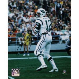 Joe Namath, New York Jets, signiertes 8 x 10 Zoll großes weißes Trikot in Taschenfoto