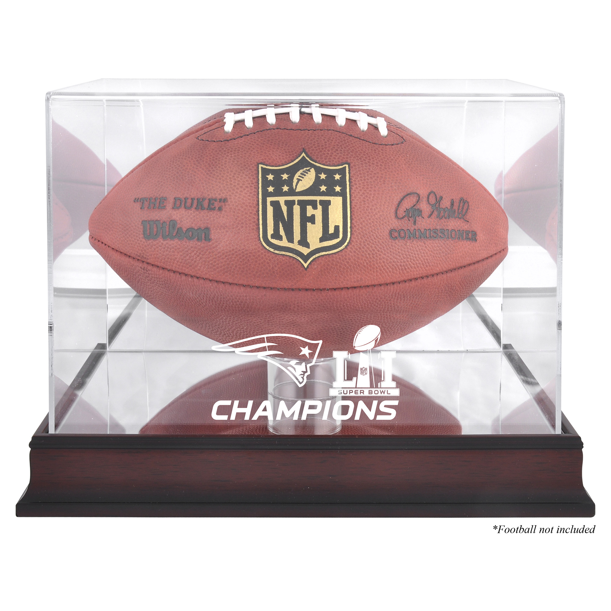 Vitrine mit Football-Logo der New England Patriots, Super Bowl LI Champions, Mahagoni