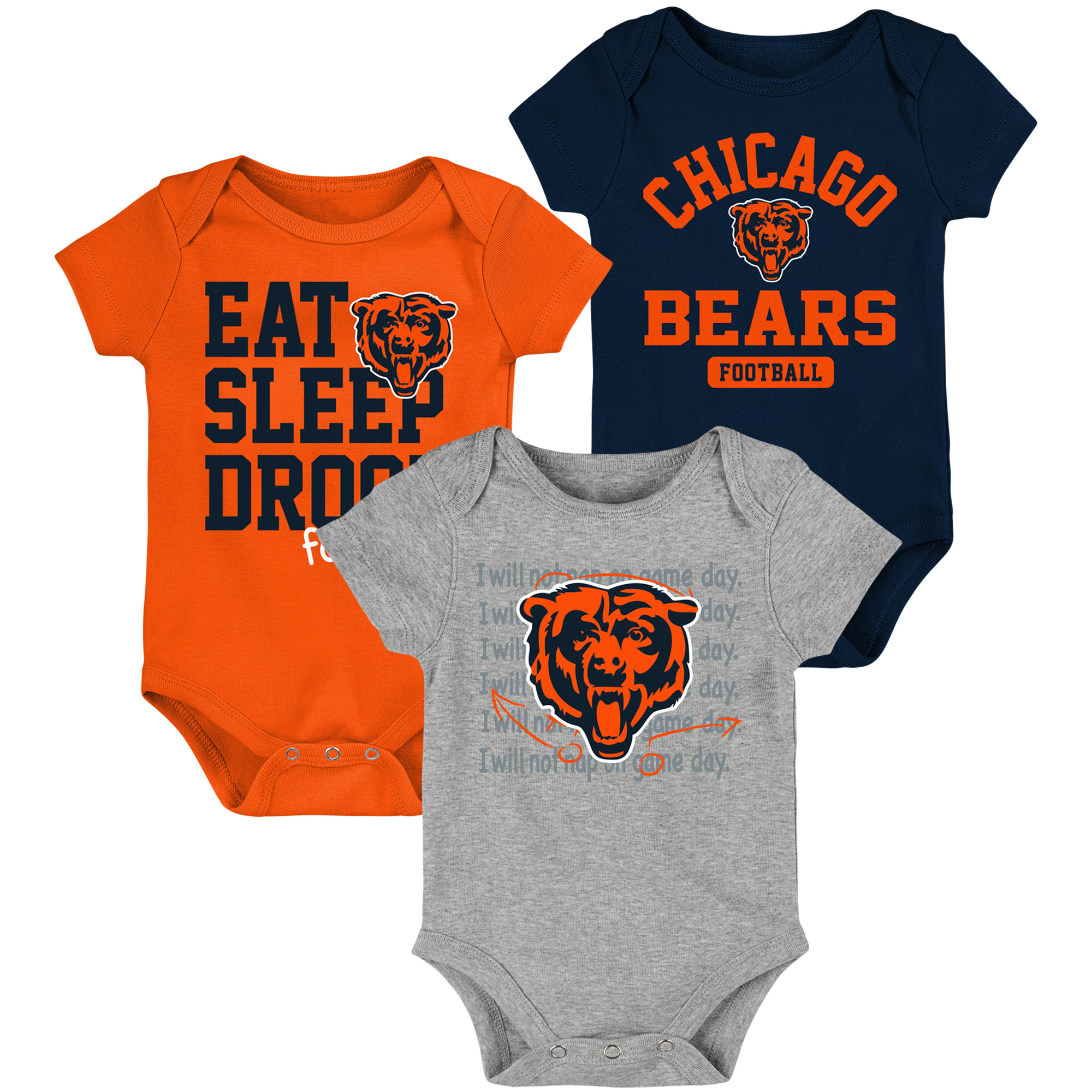 Marineblaues/orangefarbenes dreiteiliges Chicago Bears Eat Sleep Drool Football-Bodysuit-Set für Neugeborene und Kleinkinder