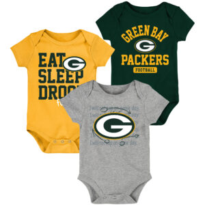 Grün/Goldenes dreiteiliges Body-Set für Neugeborene und Kleinkinder der Green Bay Packers „Eat Sleep Drool Football“