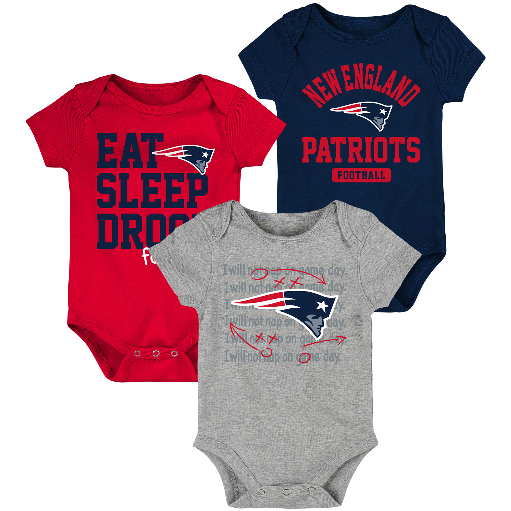 Dreiteiliges Body-Set für Neugeborene und Kleinkinder, Marineblau/Rot, New England Patriots „Eat Sleep Drool Football“