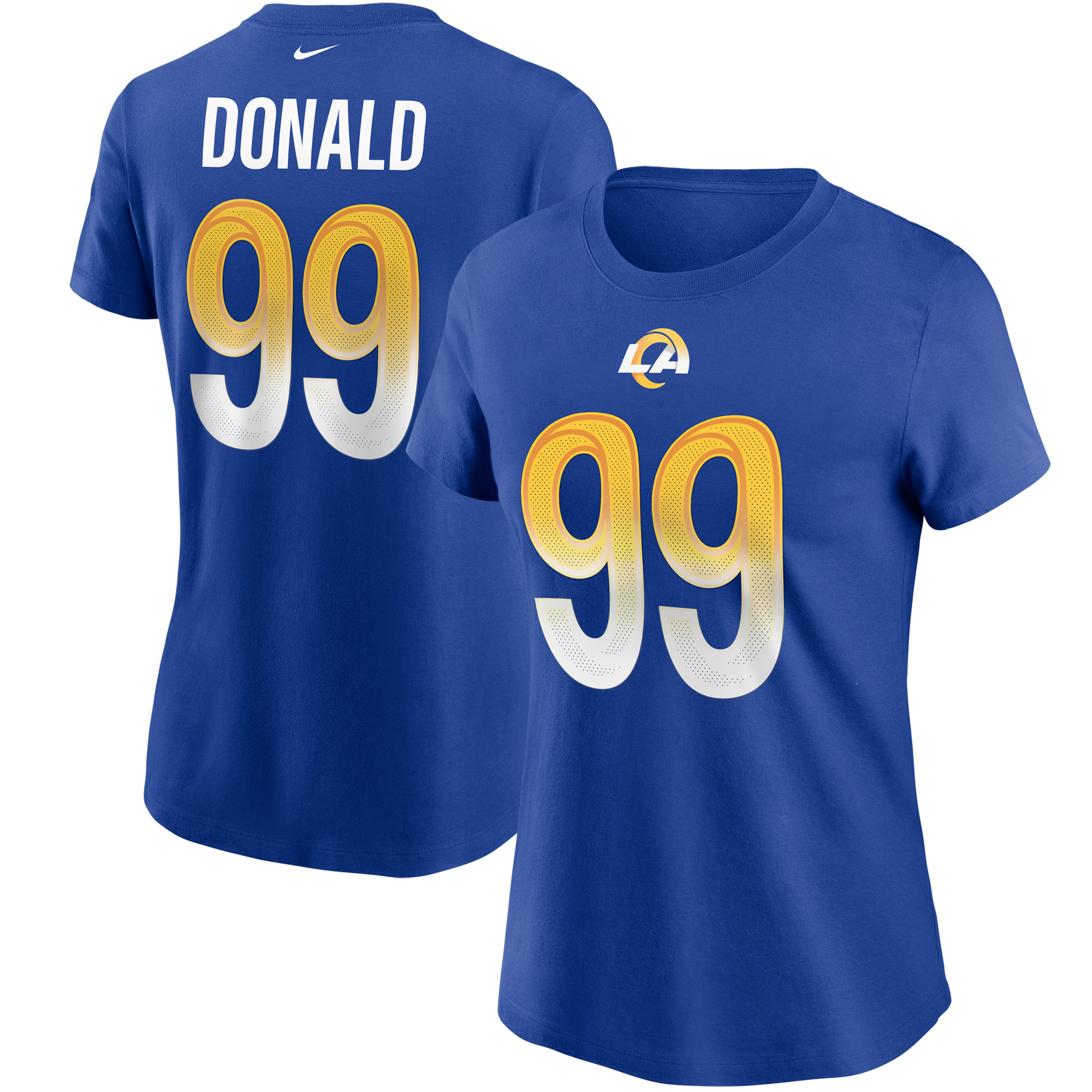 Nike Aaron Donald Royal Los Angeles Rams Name & Nummer T-Shirt für Damen