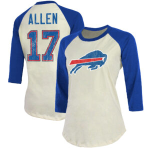 Majestic Threads Josh Allen Creme/Royal Buffalo Bills-Spieler-Raglan-T-Shirt mit Namen und Nummer für Damen, tailliert, 3/4-Ärmel