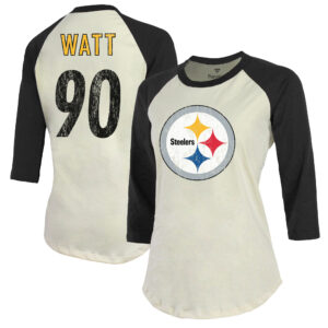 Majestic Threads T.J. Watt Creme/Schwarz Pittsburgh Steelers Spieler-Raglan-T-Shirt mit Namen und Nummer für Damen, tailliert, 3/4-Ärmel