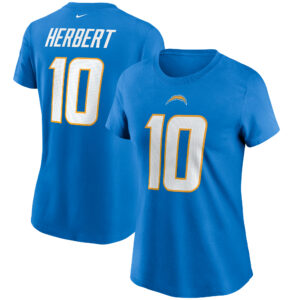 Nike Justin Herbert Puderblaues Los Angeles Chargers T-Shirt mit Name und Nummer für Damen