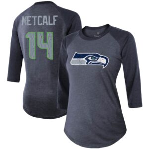 Damen Fanatics DK Metcalf College Navy Seattle Seahawks Team-Spielername und -nummer Tri-Blend Raglan-T-Shirt mit 3/4-Ärmeln