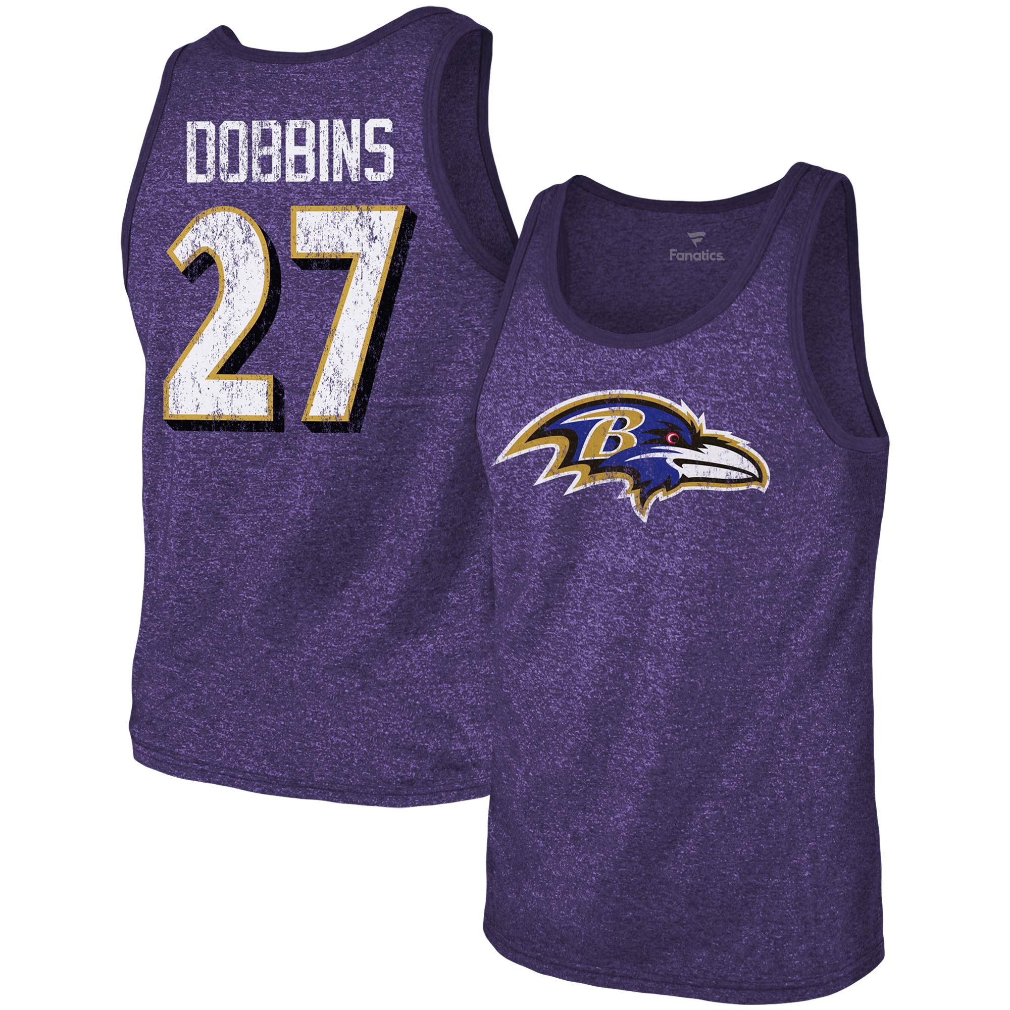 Majestic Threads J.K. Dobbins Tri-Blend-Tanktop für Herren in meliertem Lila mit Namen und Nummer der Baltimore Ravens