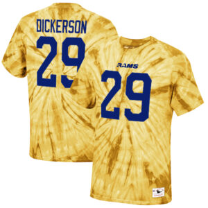 Herren-T-Shirt „Eric Dickerson“ von Mitchell & Ness, Gold, Los Angeles Rams, Batikmuster, Name und Nummer eines ehemaligen Spielers