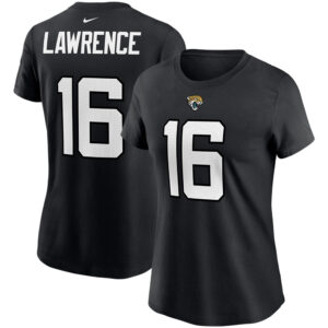 Schwarzes Nike Trevor Lawrence Jacksonville Jaguars 2021 NFL Draft Erstrunden-Pick-Spielername und -nummer-T-Shirt für Damen