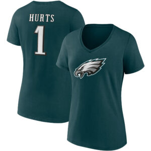 Damen-T-Shirt mit V-Ausschnitt der Philadelphia Eagles Jalen Hurts Fanatics mit Spielersymbol, Namen und Nummer in Dunkelgrün