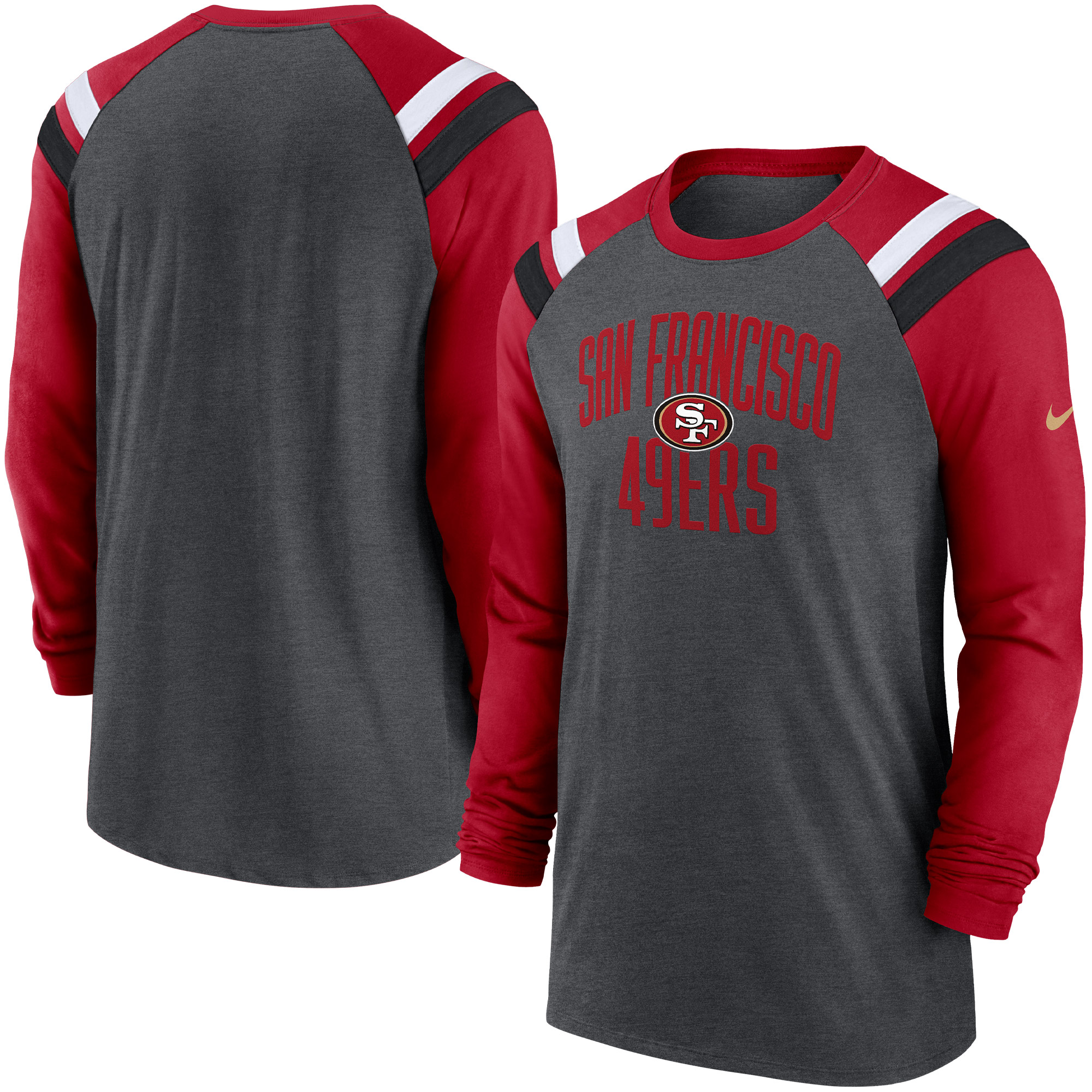 San Francisco 49ers Nike Tri-Blend Raglan Athletic Langarm-T-Shirt für Herren in meliertem Anthrazit/Scharlachrot