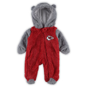 Rot/Grau Kansas City Chiefs Game Nap Teddy-Fleece-Schlafanzug mit Wimpelkette und durchgehendem Reißverschluss für Neugeborene und Kleinkinder