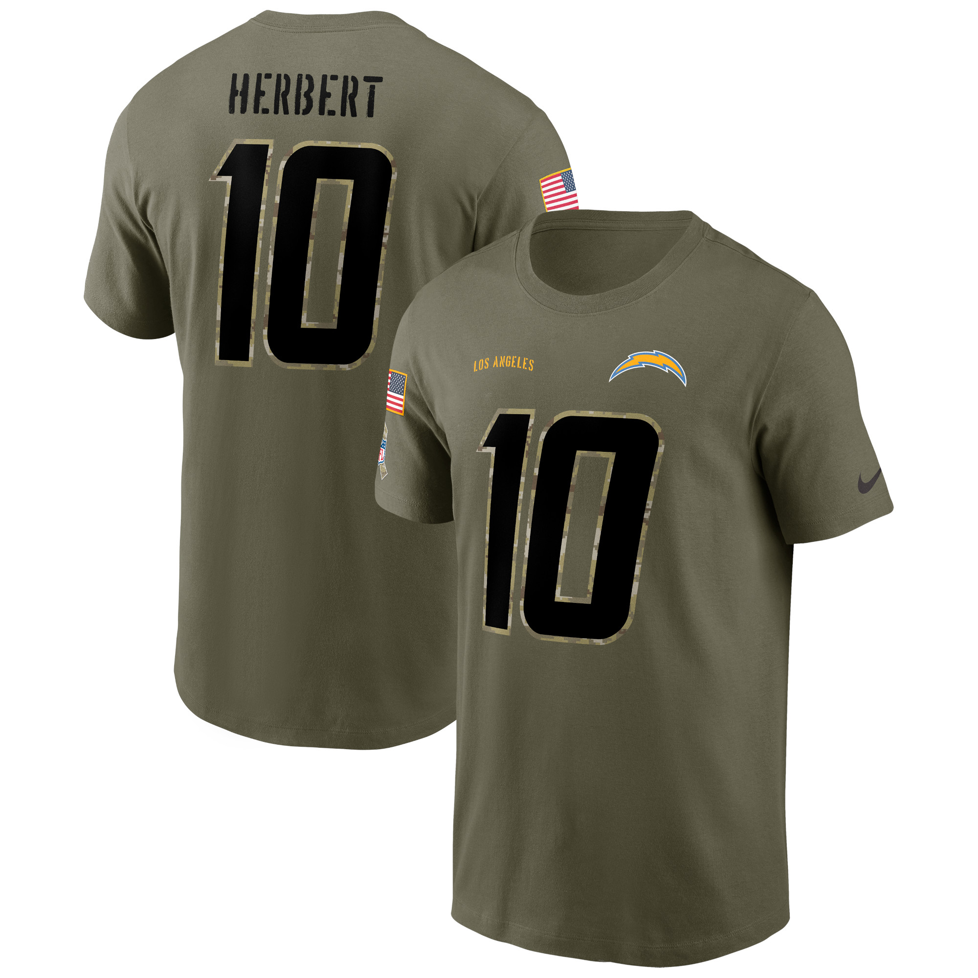 Nike Justin Herbert Olive Los Angeles Chargers 2022 Salute To Service Name & Number T-Shirt für Herren