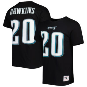 Schwarzes Mitchell & Ness Brian Dawkins T-Shirt mit Namen und Nummer des pensionierten Spielers der Philadelphia Eagles für Herren