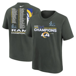 Anthrazitfarbenes Nike-T-Shirt für Jugendliche mit dem Los Angeles Rams-Super-Bowl-LVI-Champions-Roster