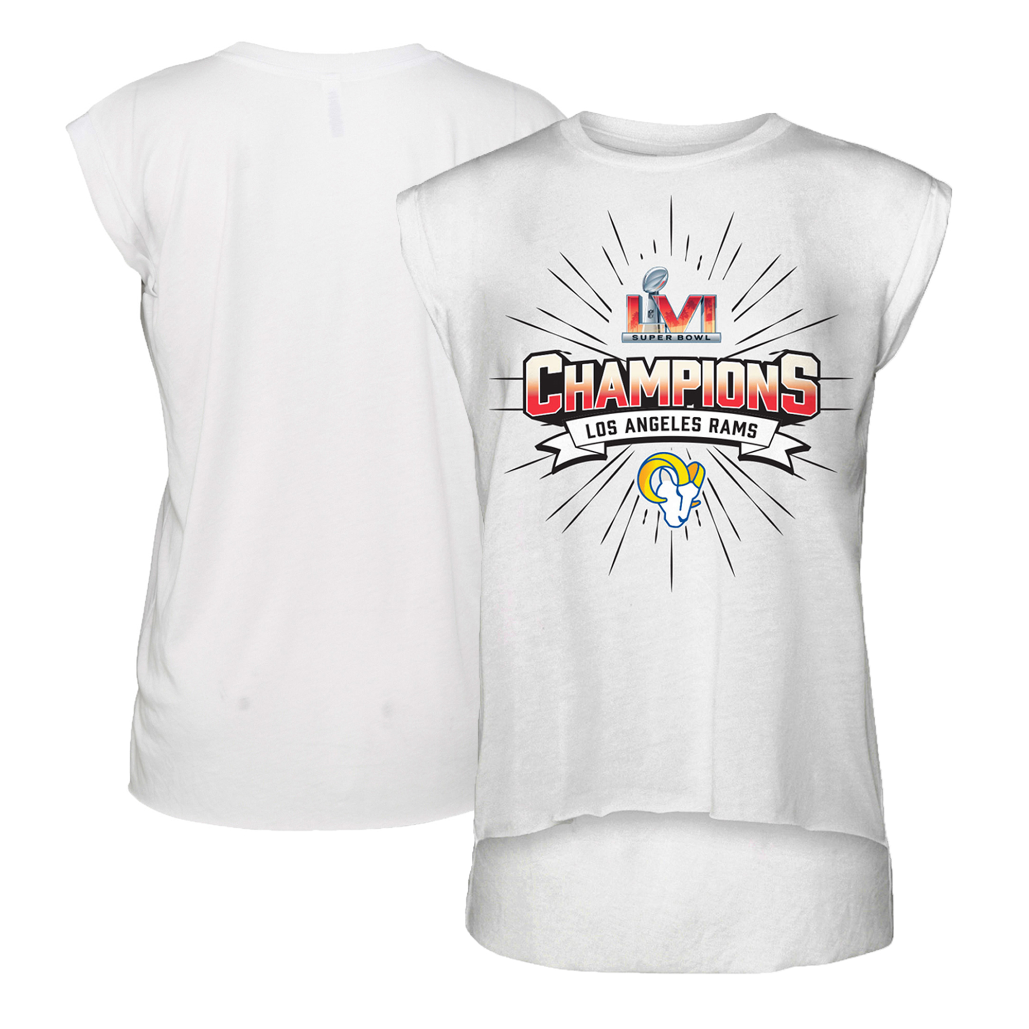 Damen WEAR von Erin Andrews, weißes ärmelloses T-Shirt mit Aufschrift „Los Angeles Rams Super Bowl LVI Champions Burst Muscle“