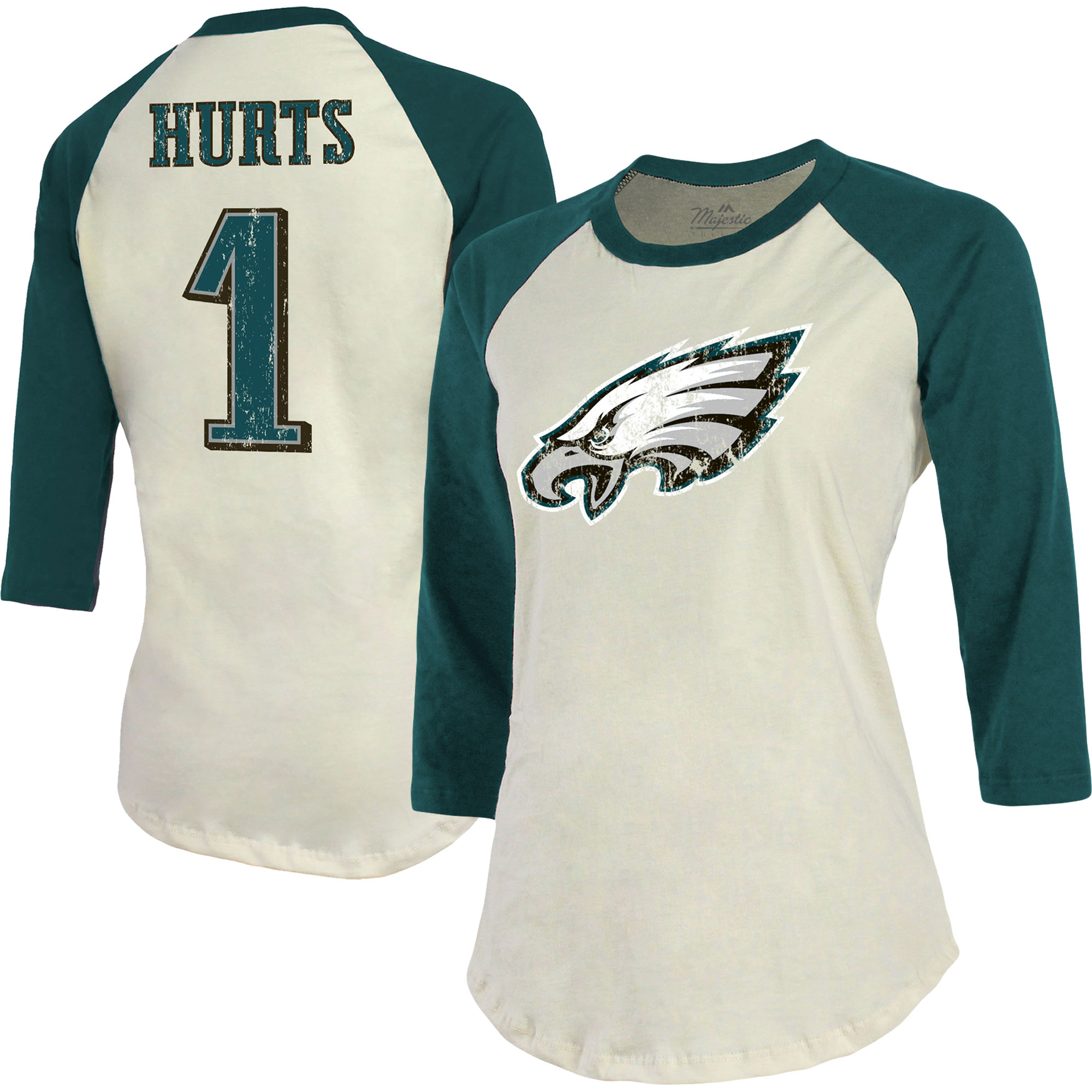 Damen Majestic Threads Jalen Hurts Creme/Grün Philadelphia Eagles-Spieler-Raglan-T-Shirt mit Namen und Nummer, tailliertem 3/4-Ärmel