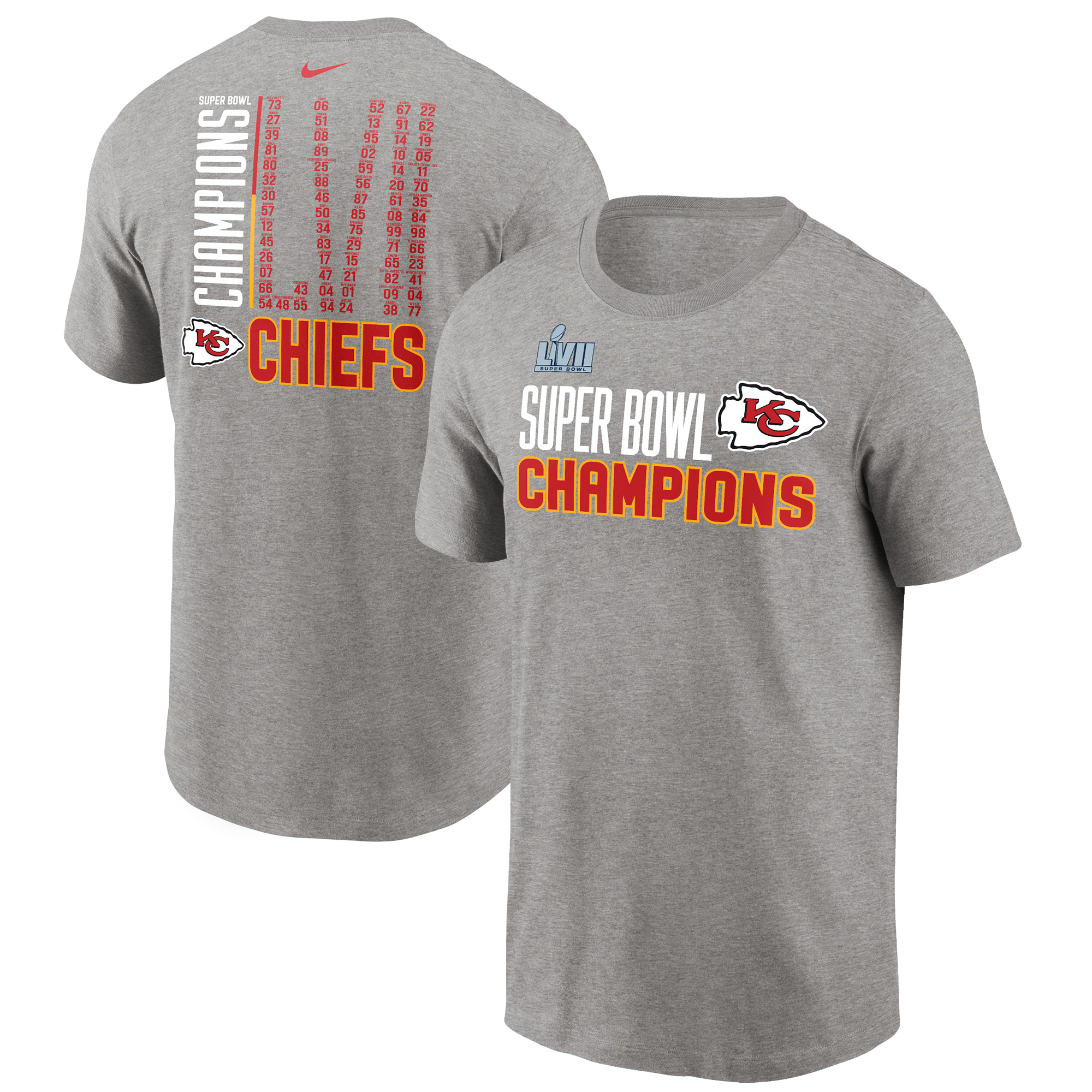 Nike T-Shirt „Kansas City Chiefs“ im Super Bowl LVII Champions Roster für Herren, grau meliert