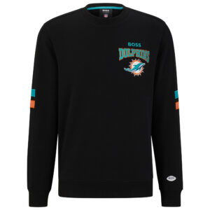 BOSS X NFL Miami Dolphins Drive Pullover mit Rundhalsausschnitt in Schwarz/Aqua für Herren