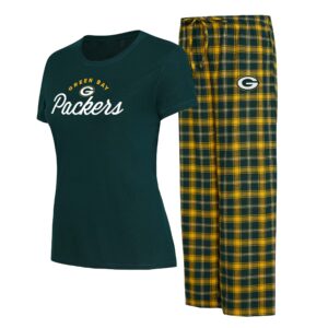 Concepts Sport Schlafanzugset für Damen, Grün/Gold, Green Bay Packers Arctic T-Shirt und Flanellhose