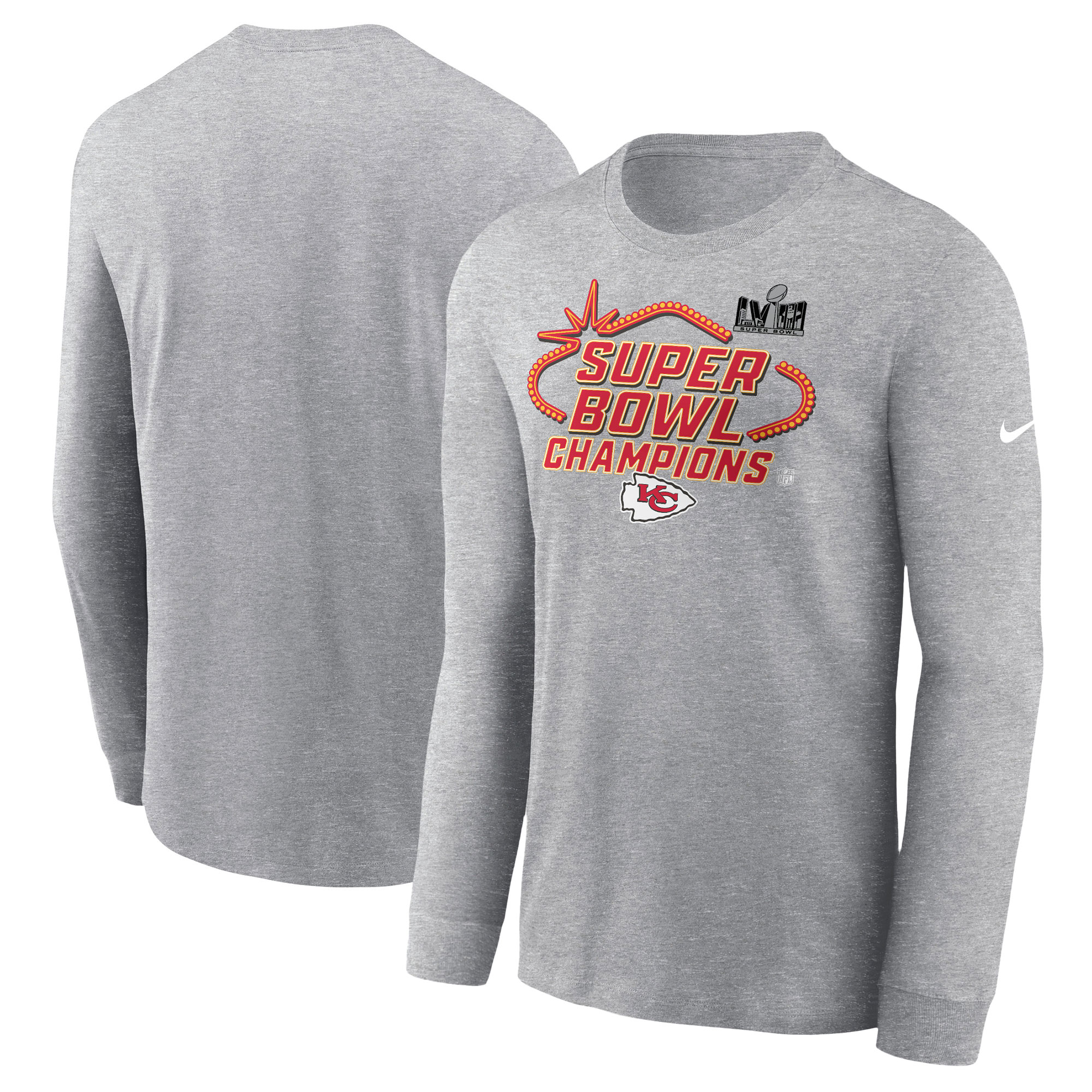 Nike Herren-Langarm-T-Shirt „Kansas City Chiefs“ aus der Super Bowl LVIII Champions Locker Room Trophy Collection in Heather Grey